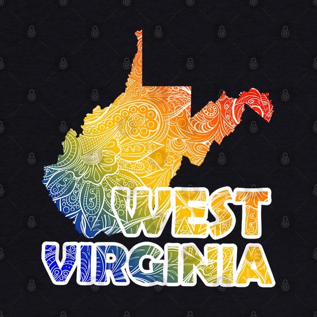 Colorful mandala art map of West Virginia with text in blue, yellow, and red by Happy Citizen